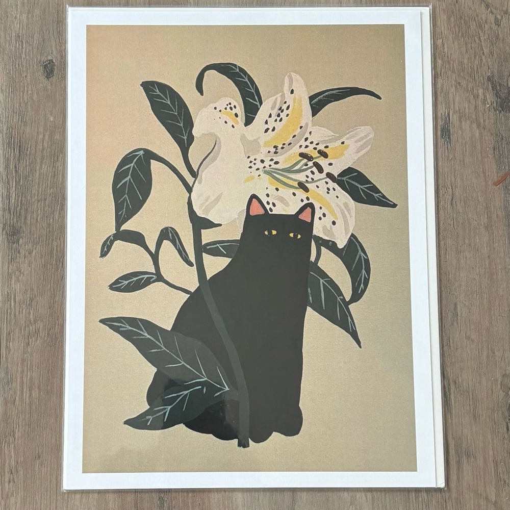 9 x 12 Black Cat and Lily Art Print